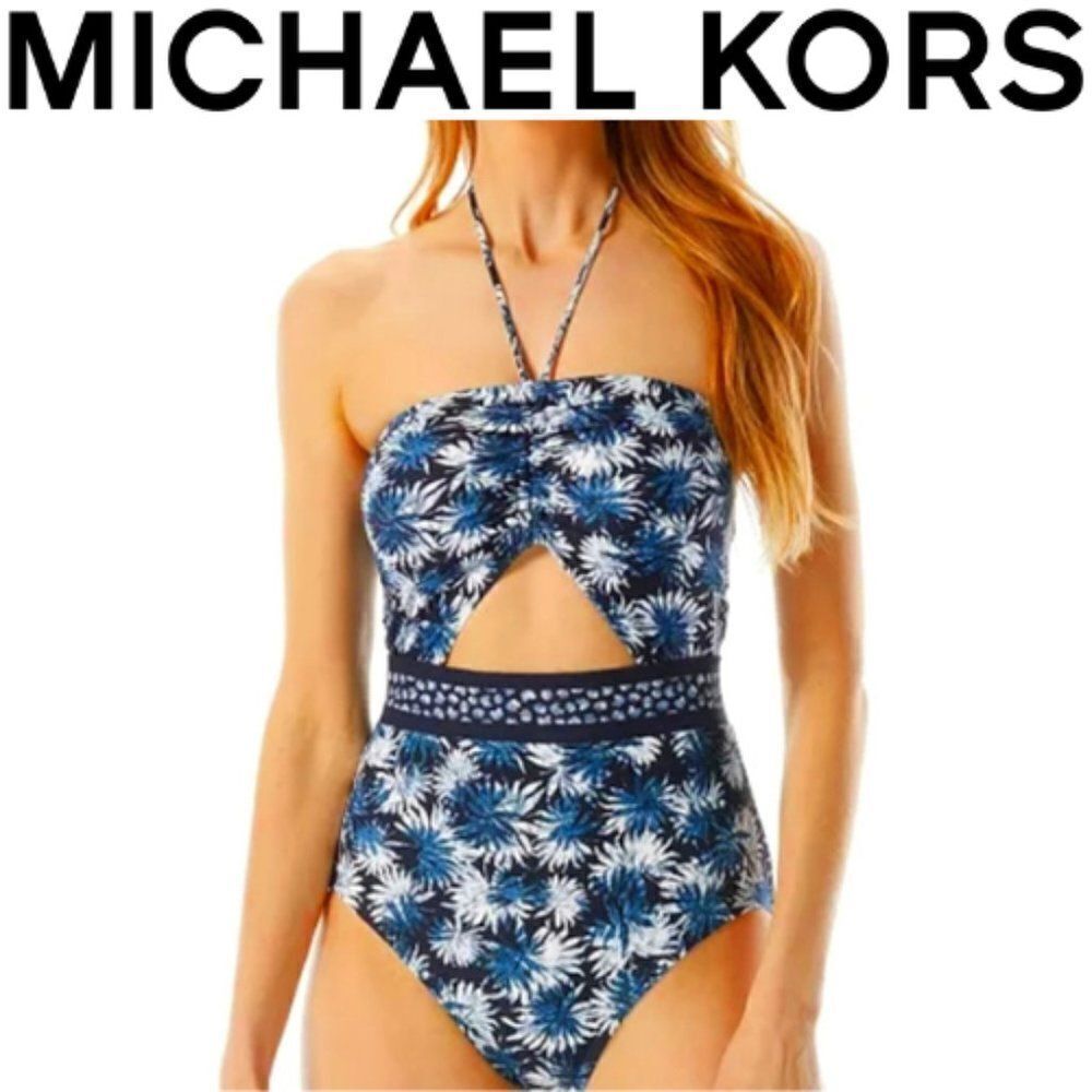 Michael Kors Women's Blue White floral Bandeau Cutout One-Piece Swimsuit…